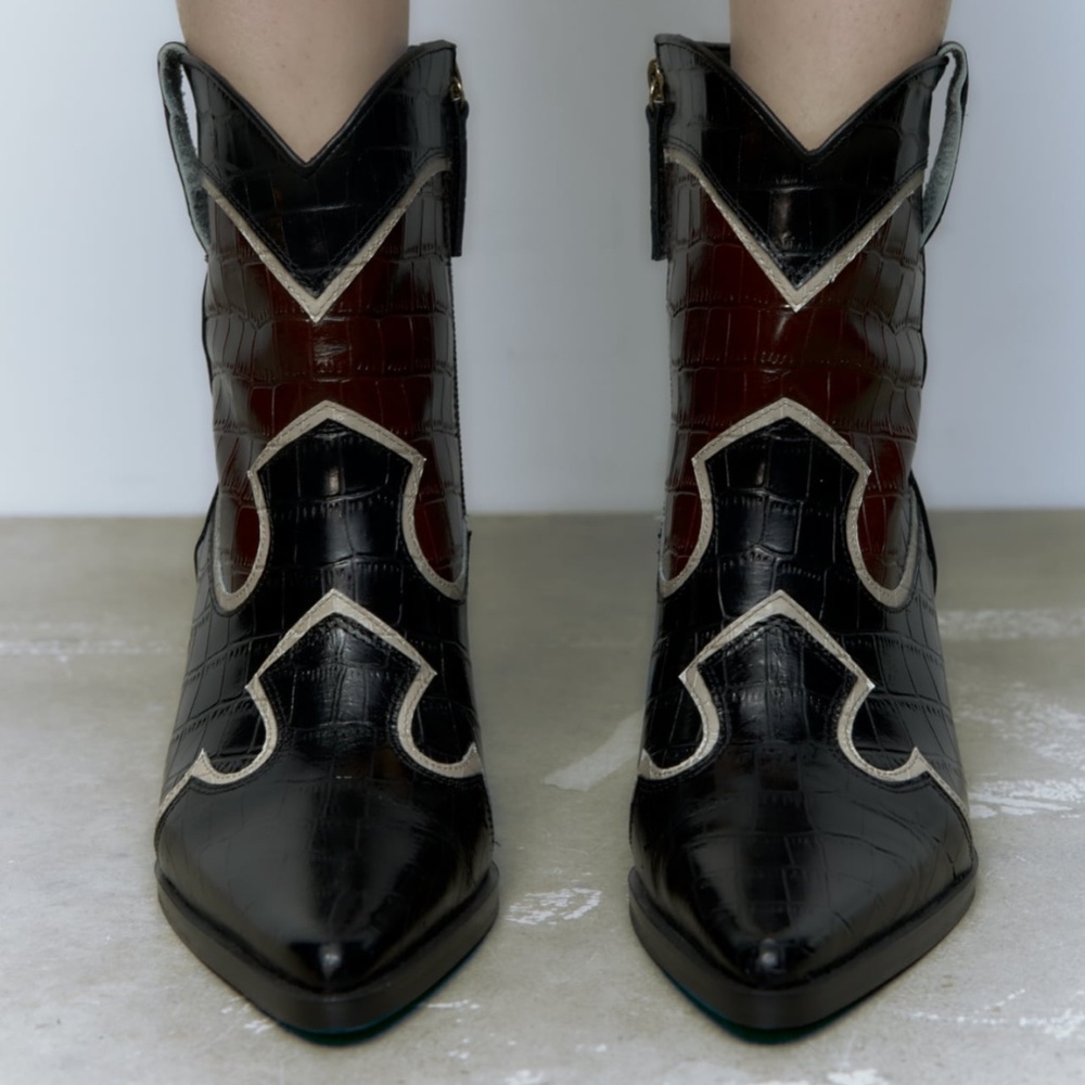 Zara Leathered Heeled Cowboy Ankle Boots